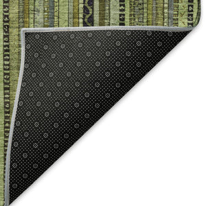 HomeRoots 8' x 10' Stylish Green, Gray & Gold Striped Area Rug – Washable, UV Protected, Non-Slip Design! 696210