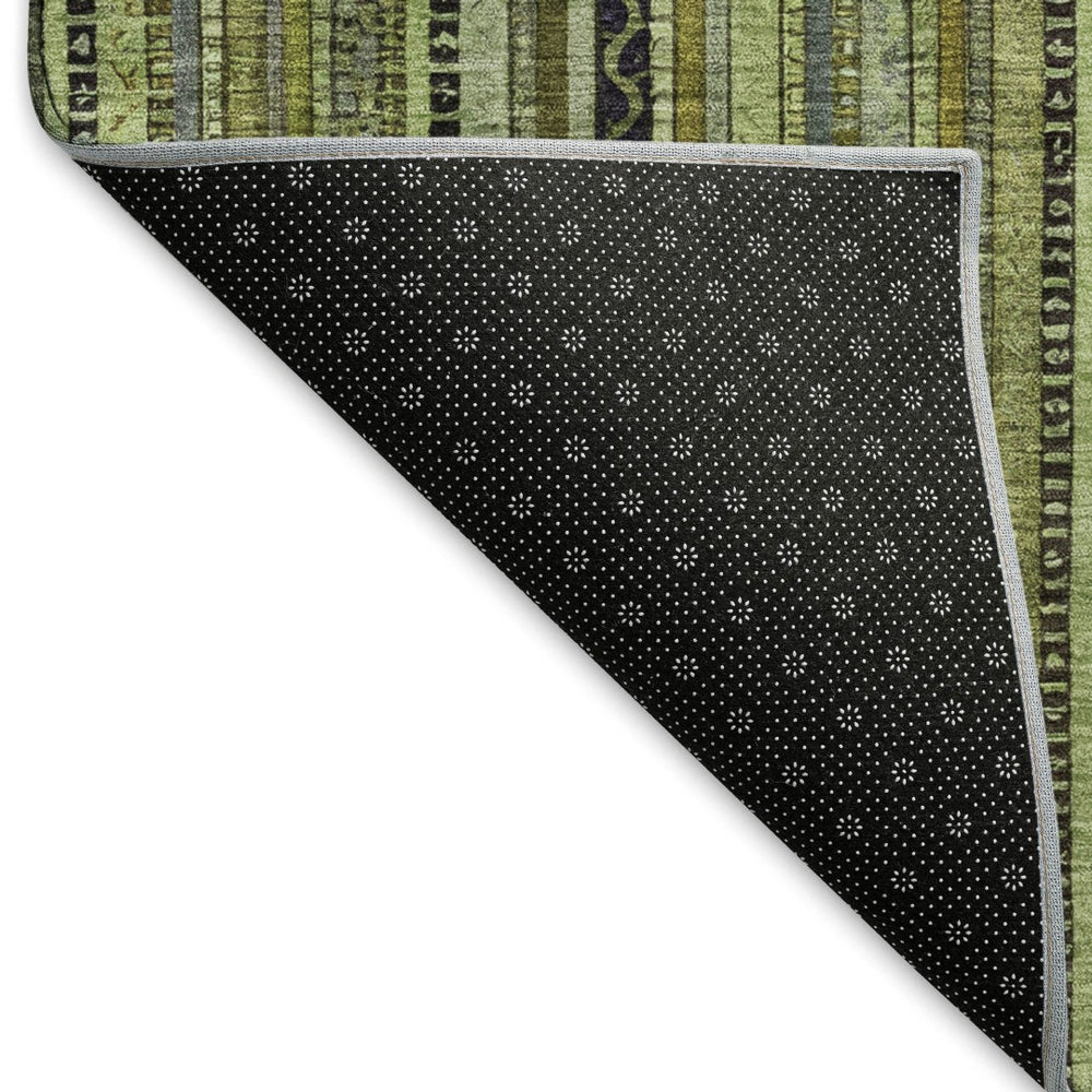 HomeRoots 9' X 12' Stylish Green, Gray & Gold Striped Washable Area Rug with UV Protection for Any Room 696211