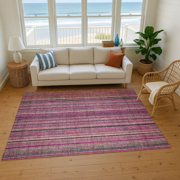HomeRoots 5' X 8' Washable Striped Area Rug in Pink, Gray & Mauve - UV Protected, Soft, Durable for Any Room 696214