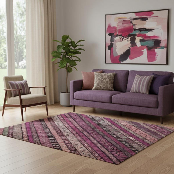 HomeRoots 5' X 8' Washable Striped Area Rug in Pink, Gray & Mauve - UV Protected, Soft, Durable for Any Room 696214