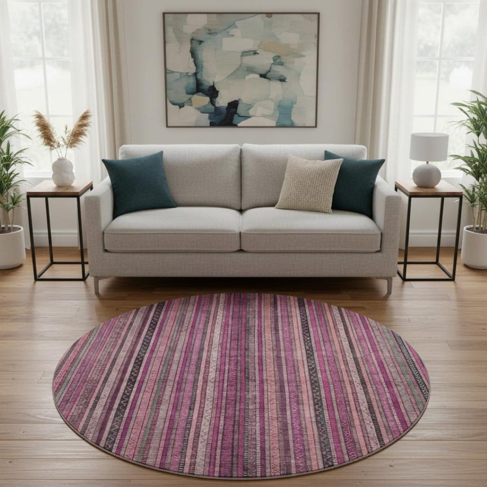 HomeRoots 8' Washable Round Rug in Pink, Gray & Mauve Stripes - UV Protected, Stain-Resistant, Durable Design 696215