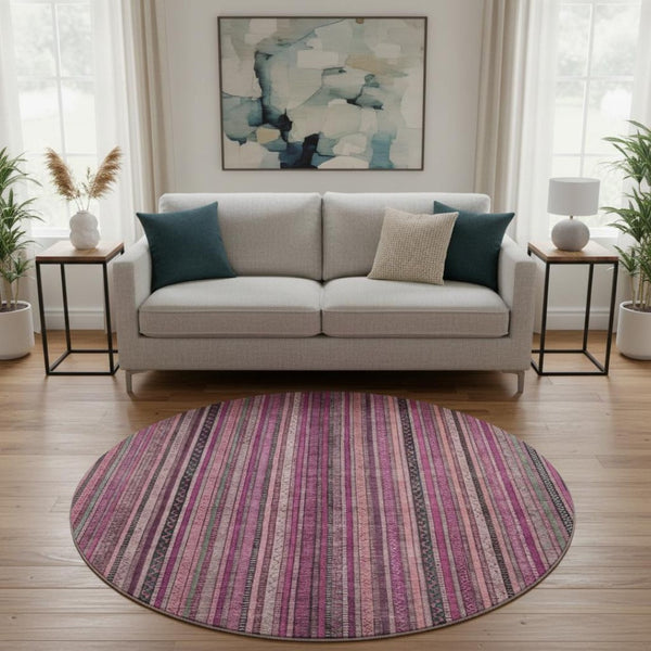 HomeRoots 8' Washable Round Rug in Pink, Gray & Mauve Stripes - UV Protected, Stain-Resistant, Durable Design 696215