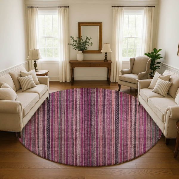 HomeRoots 8' Washable Round Rug in Pink, Gray & Mauve Stripes - UV Protected, Stain-Resistant, Durable Design 696215