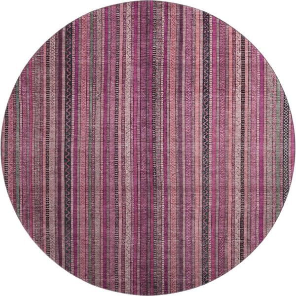 HomeRoots 8' Washable Round Rug in Pink, Gray & Mauve Stripes - UV Protected, Stain-Resistant, Durable Design 696215