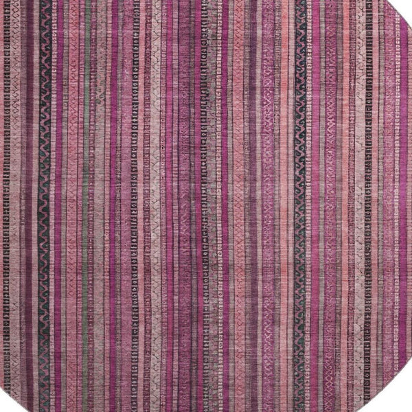 HomeRoots 8' Washable Round Rug in Pink, Gray & Mauve Stripes - UV Protected, Stain-Resistant, Durable Design 696215