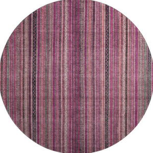 HomeRoots 8' Washable Round Rug in Pink, Gray & Mauve Stripes - UV Protected, Stain-Resistant, Durable Design 696215