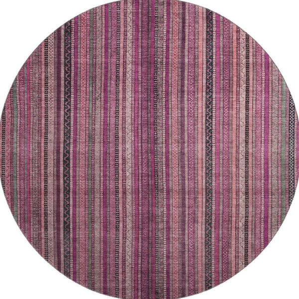HomeRoots 8' Washable Round Rug in Pink, Gray & Mauve Stripes - UV Protected, Stain-Resistant, Durable Design 696215