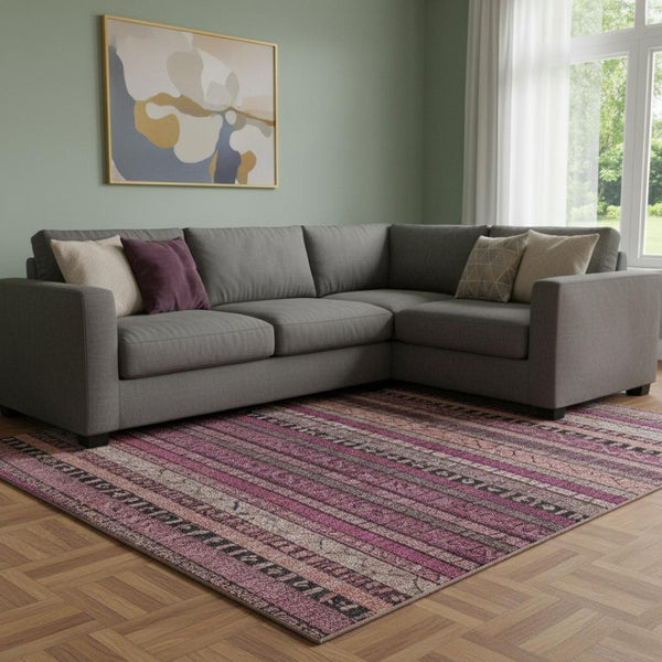 HomeRoots 8' X 10' Striped Washable Area Rug in Pink, Gray & Mauve – Stylish, Durable, UV-Protected Design 696216