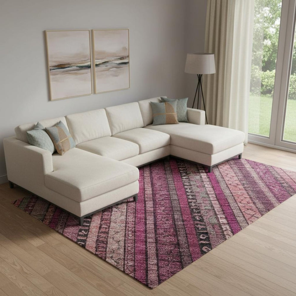 HomeRoots 9' X 12' Striped Washable Area Rug in Pink, Gray & Mauve - UV Protected, Durable & Stylish Comfort 696217