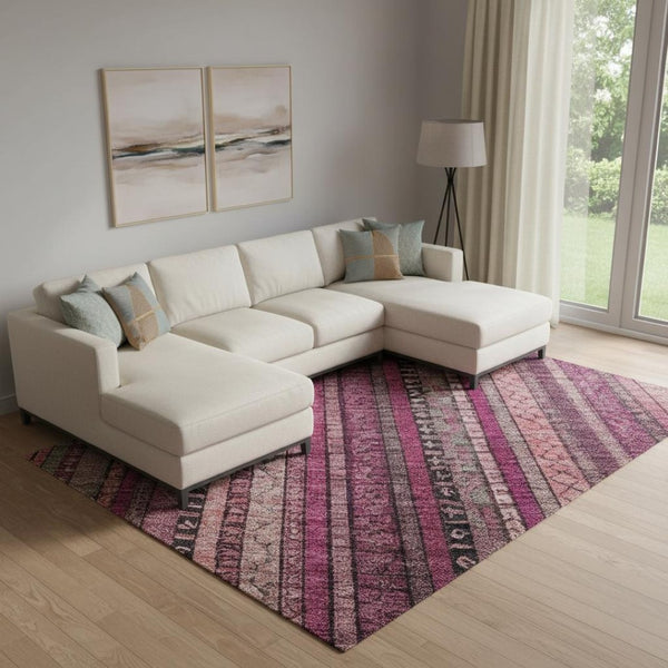 HomeRoots 9' X 12' Striped Washable Area Rug in Pink, Gray & Mauve - UV Protected, Durable & Stylish Comfort 696217