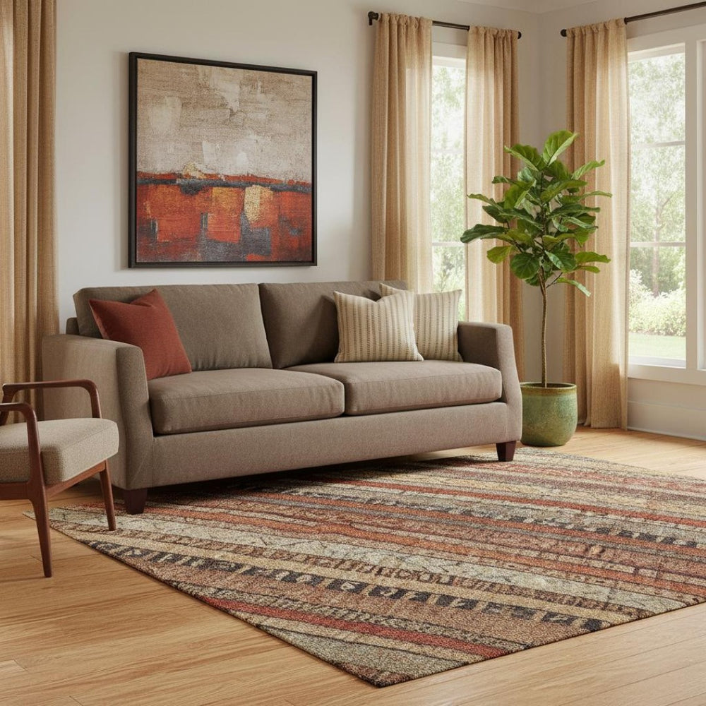 HomeRoots 5' X 8' Striped Area Rug in Rust, Taupe & Gray - Durable, Washable, UV-Protected for Family Homes 696220