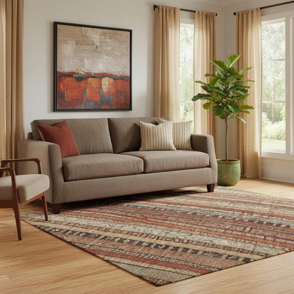 HomeRoots 5' X 8' Striped Area Rug in Rust, Taupe & Gray - Durable, Washable, UV-Protected for Family Homes 696220