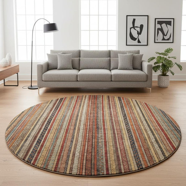 HomeRoots 8' Washable Round Rug in Rust, Taupe & Gray Stripes - Durable, UV-Protected for High-Traffic Areas 696221