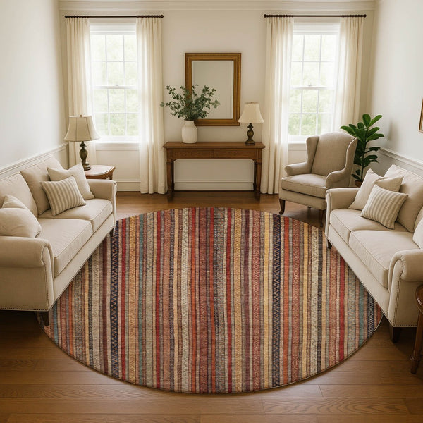 HomeRoots 8' Washable Round Rug in Rust, Taupe & Gray Stripes - Durable, UV-Protected for High-Traffic Areas 696221