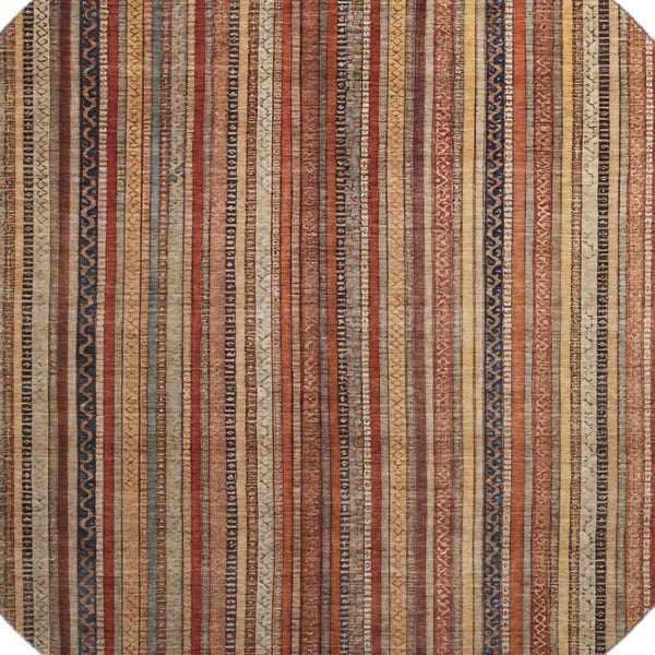 HomeRoots 8' Washable Round Rug in Rust, Taupe & Gray Stripes - Durable, UV-Protected for High-Traffic Areas 696221