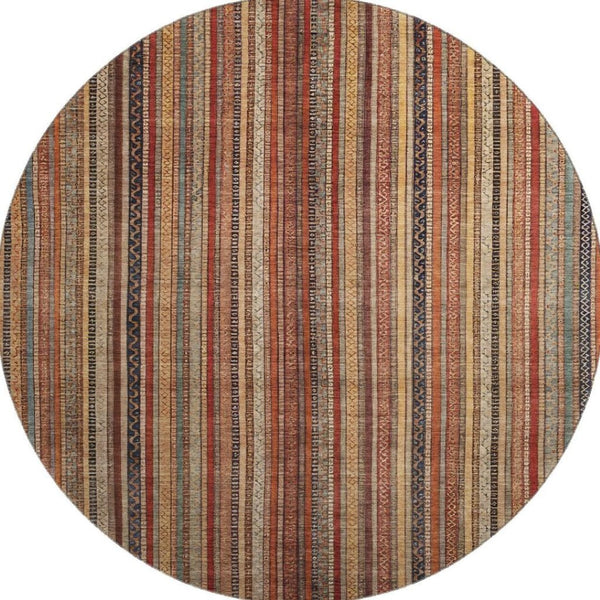 HomeRoots 8' Washable Round Rug in Rust, Taupe & Gray Stripes - Durable, UV-Protected for High-Traffic Areas 696221