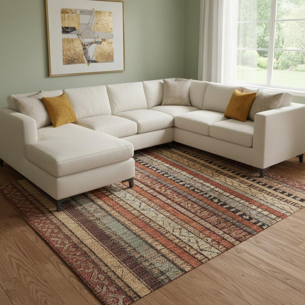 HomeRoots 8' X 10' Striped Washable Area Rug in Rust Taupe & Gray - UV Protection for High-Traffic Spaces 696222