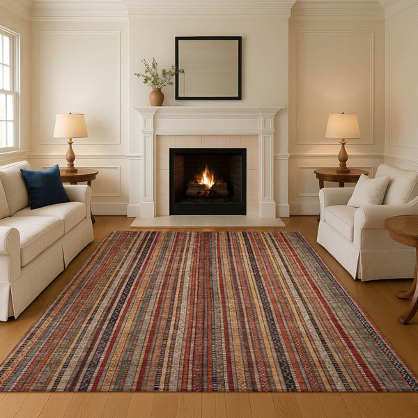 HomeRoots 9' X 12' Stylish Rust Taupe & Gray Striped Washable Area Rug with UV Protection for High-Traffic Spaces 696223