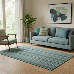 HomeRoots 5' X 8' Stylish Teal Charcoal Gray Striped Washable Area Rug – UV Protected & Stain-Resistant Design! 696226