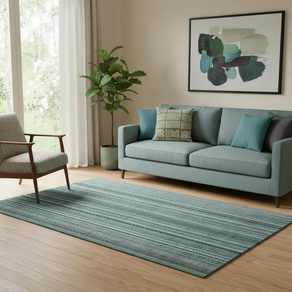 HomeRoots 5' X 8' Stylish Teal Charcoal Gray Striped Washable Area Rug – UV Protected & Stain-Resistant Design! 696226