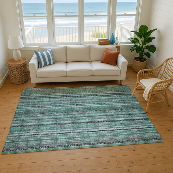 HomeRoots 5' X 8' Stylish Teal Charcoal Gray Striped Washable Area Rug – UV Protected & Stain-Resistant Design! 696226
