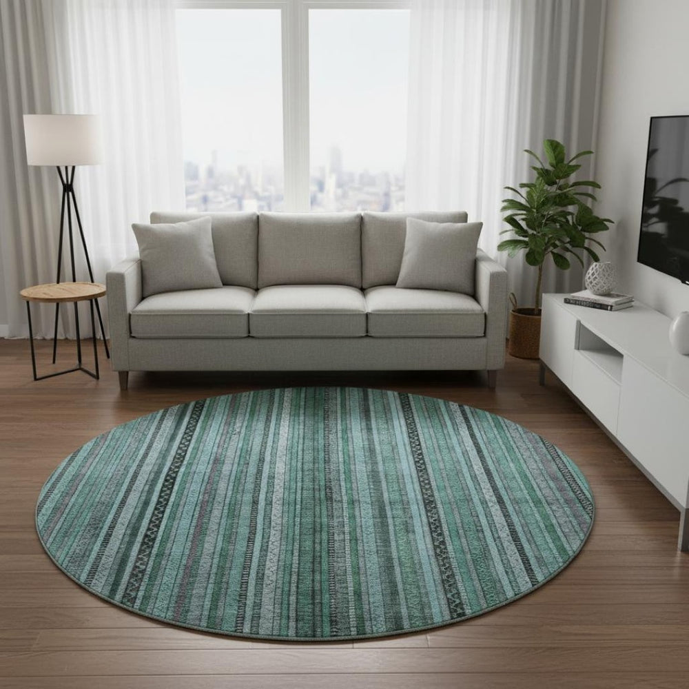 HomeRoots 8' Bold Teal, Charcoal & Gray Striped Washable Round Rug - UV Protected, Non-Slip, Durable & Stylish 696227