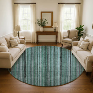 HomeRoots 8' Bold Teal, Charcoal & Gray Striped Washable Round Rug - UV Protected, Non-Slip, Durable & Stylish 696227