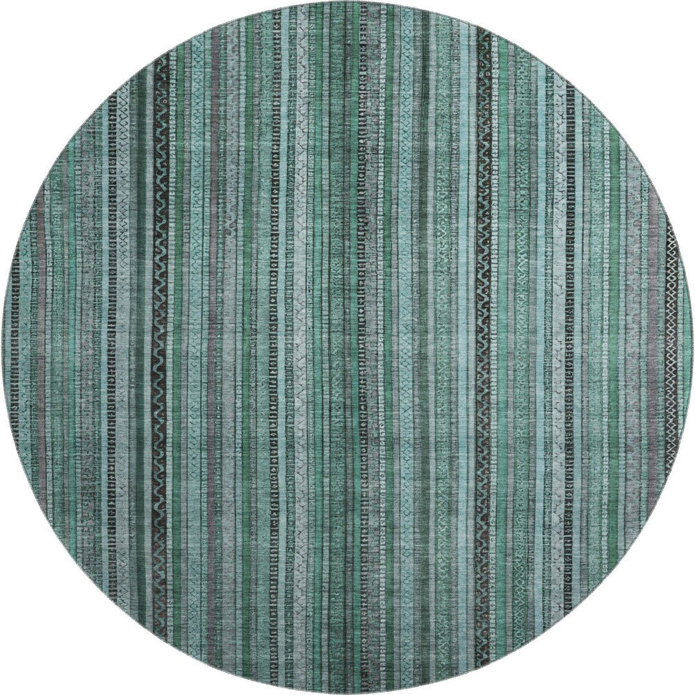HomeRoots 8' Bold Teal, Charcoal & Gray Striped Washable Round Rug - UV Protected, Non-Slip, Durable & Stylish 696227