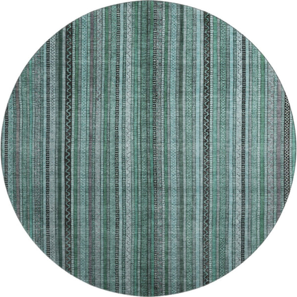 HomeRoots 8' Bold Teal, Charcoal & Gray Striped Washable Round Rug - UV Protected, Non-Slip, Durable & Stylish 696227