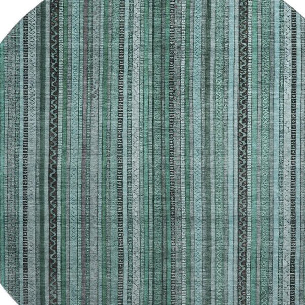 HomeRoots 8' Bold Teal, Charcoal & Gray Striped Washable Round Rug - UV Protected, Non-Slip, Durable & Stylish 696227