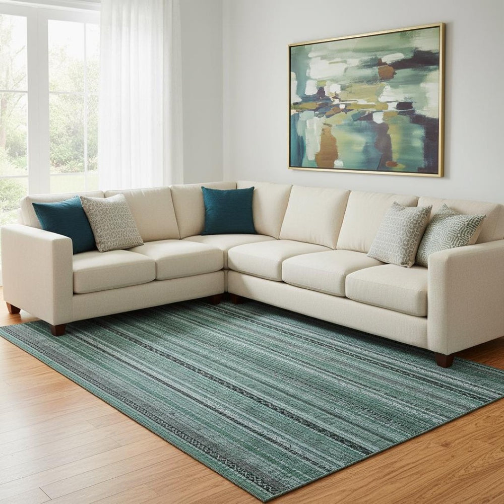 HomeRoots 8' X 10' Stylish Teal Charcoal Gray Striped Washable Area Rug with UV Protection for High Traffic Areas 696228