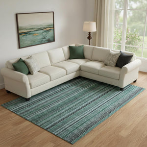 HomeRoots 9' X 12' Stylish Teal Charcoal & Gray Striped Washable Area Rug with UV Protection & Non-Slip Backing 696229