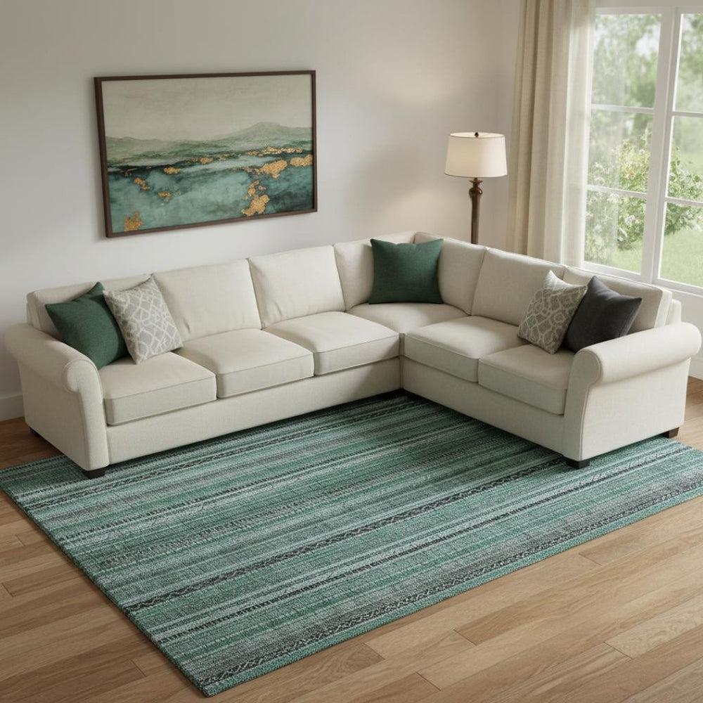 HomeRoots 10' X 14' Teal Charcoal Gray Striped Washable Area Rug - Durable, Stain-Resistant, UV Protected Design 696230