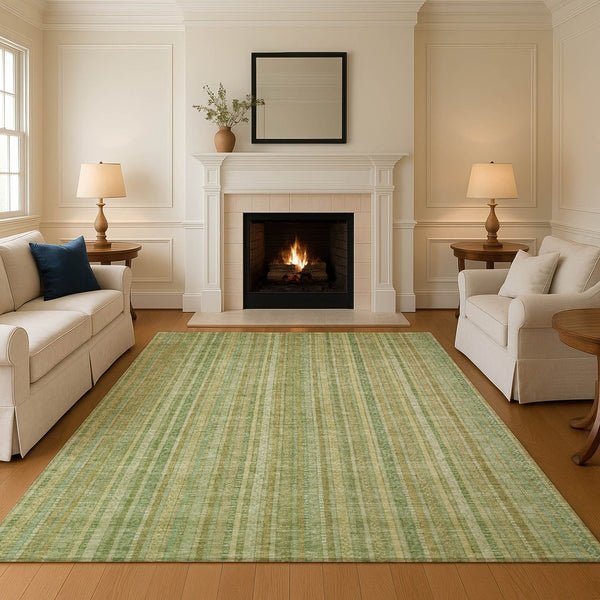 HomeRoots 5' Artichoke Green & Gold Striped Washable Area Rug with UV Protection for High-Traffic Spaces 696232