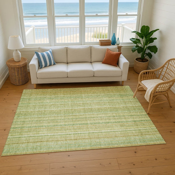 HomeRoots 5' Artichoke Green & Gold Striped Washable Area Rug with UV Protection for High-Traffic Spaces 696232