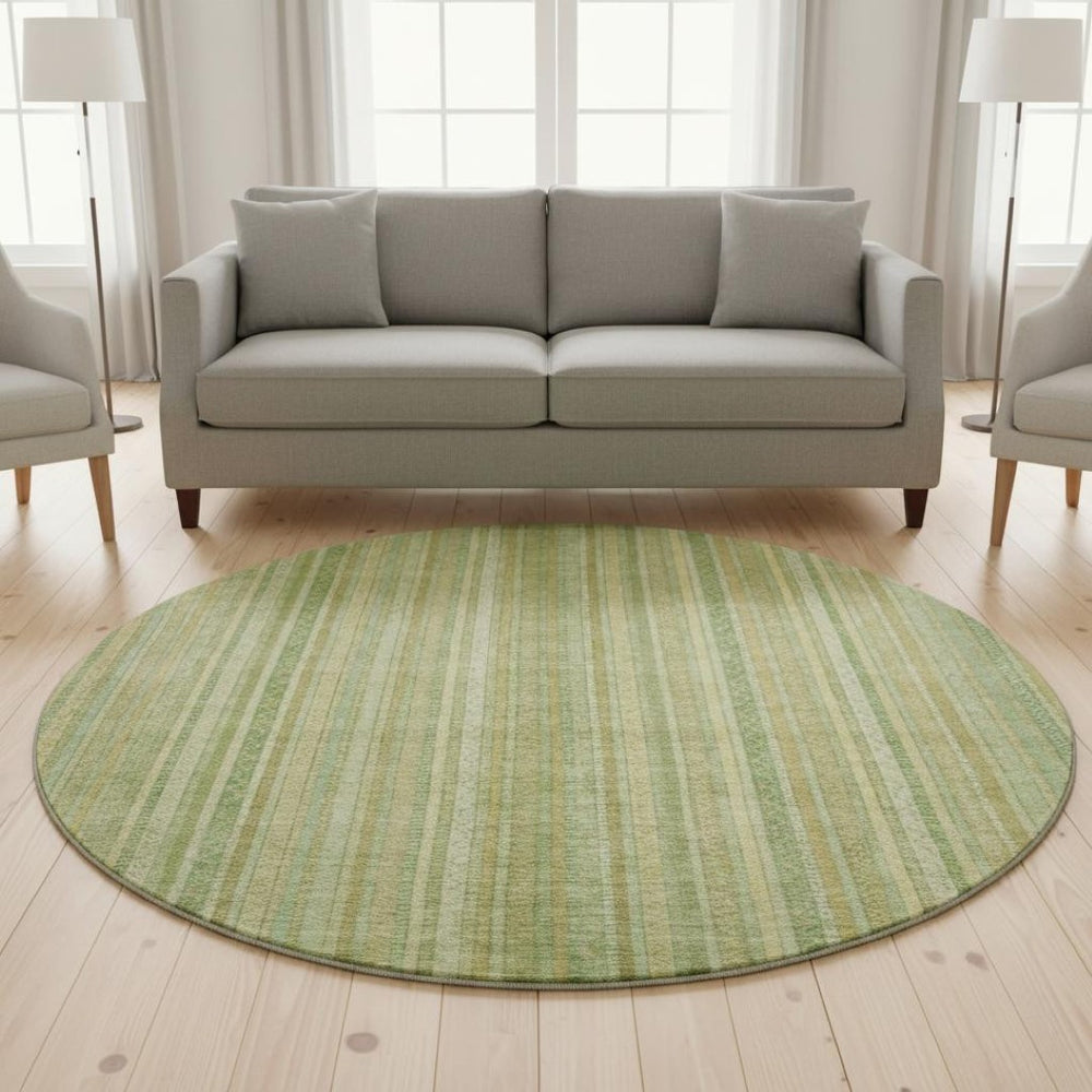 HomeRoots 8' Artichoke Green & Gold Striped Washable Rug - Durable, UV-Protected, Non-Slip for Stylish Spaces 696233