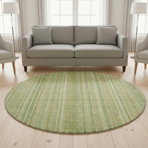HomeRoots 8' Artichoke Green & Gold Striped Washable Rug - Durable, UV-Protected, Non-Slip for Stylish Spaces 696233