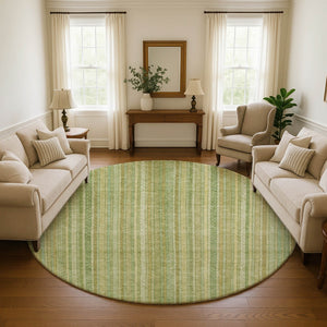 HomeRoots 8' Artichoke Green & Gold Striped Washable Rug - Durable, UV-Protected, Non-Slip for Stylish Spaces 696233