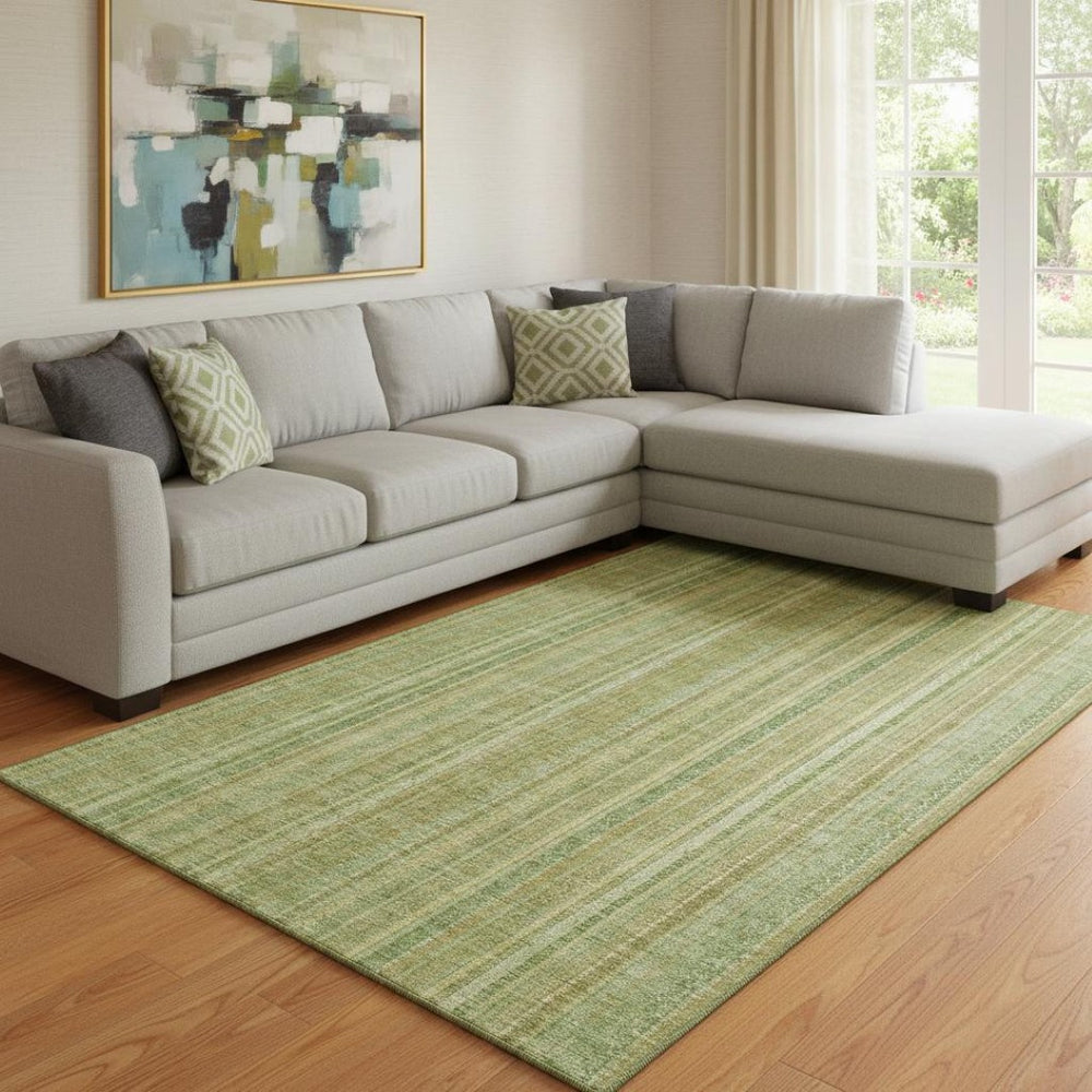 HomeRoots 8' X 10' Artichoke Green & Gold Striped Washable Area Rug with UV Protection for High-Traffic Spaces 696234