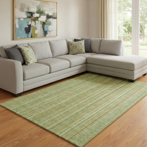 HomeRoots 8' X 10' Artichoke Green & Gold Striped Washable Area Rug with UV Protection for High-Traffic Spaces 696234