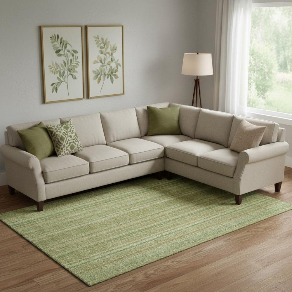 HomeRoots 9' X 12' Artichoke Green & Gold Striped Area Rug - Washable, UV Protected, Durable & Stylish Home Accent 696235
