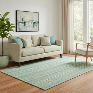 HomeRoots 5' X 8' Washable Aqua Beige Teal Striped Area Rug – Stylish, UV-Protected, Durable & Easy Care! 696238