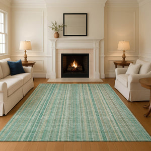 HomeRoots 5' X 8' Washable Aqua Beige Teal Striped Area Rug – Stylish, UV-Protected, Durable & Easy Care! 696238