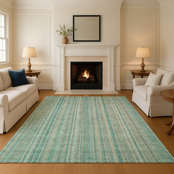 HomeRoots 5' X 8' Washable Aqua Beige Teal Striped Area Rug – Stylish, UV-Protected, Durable & Easy Care! 696238