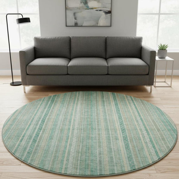 HomeRoots 8' Aqua Beige and Teal Striped Washable Round Rug – UV Protected, Stain Resistant, Durable Design! 696239