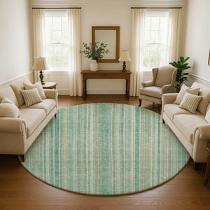 HomeRoots 8' Aqua Beige and Teal Striped Washable Round Rug – UV Protected, Stain Resistant, Durable Design! 696239
