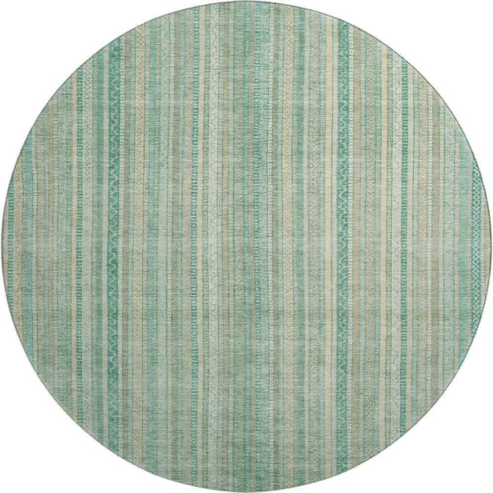 HomeRoots 8' Aqua Beige and Teal Striped Washable Round Rug – UV Protected, Stain Resistant, Durable Design! 696239