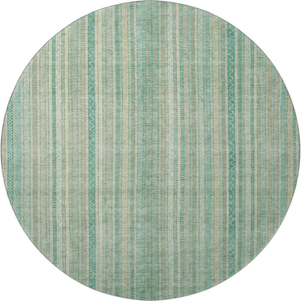 HomeRoots 8' Aqua Beige and Teal Striped Washable Round Rug – UV Protected, Stain Resistant, Durable Design! 696239
