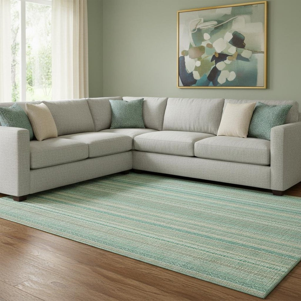 HomeRoots 8' Coastal Striped Washable Area Rug in Aqua, Beige & Teal with UV Protection for High Traffic Rooms 696240