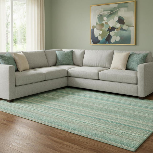 HomeRoots 8' Coastal Striped Washable Area Rug in Aqua, Beige & Teal with UV Protection for High Traffic Rooms 696240